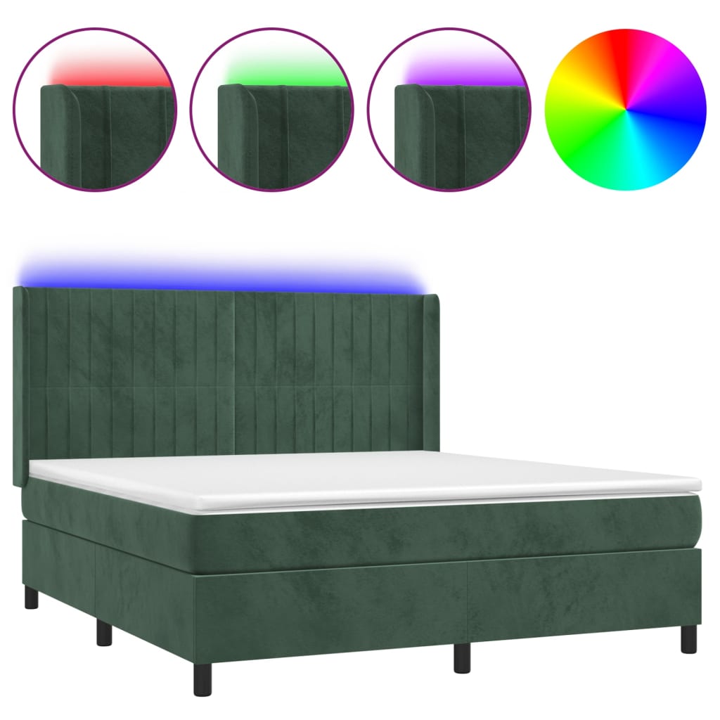 Cama box spring c/ colchão/LED 160x200 cm veludo verde-escuro