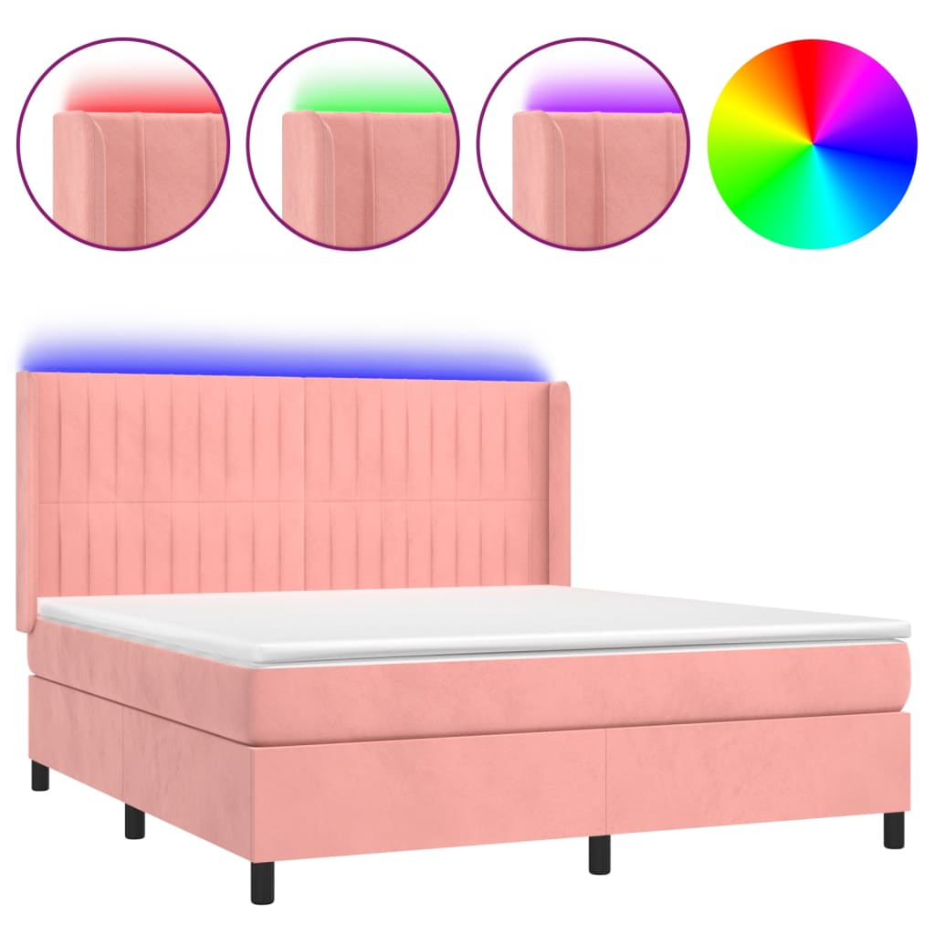 Cama box spring c/ colchão/LED 160x200 cm veludo rosa