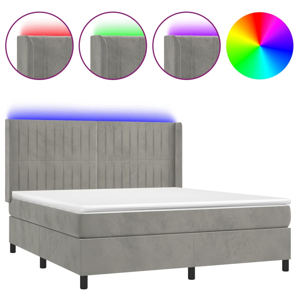 Cama box spring c/ colchão/LED 180x200 cm veludo cinzento-claro