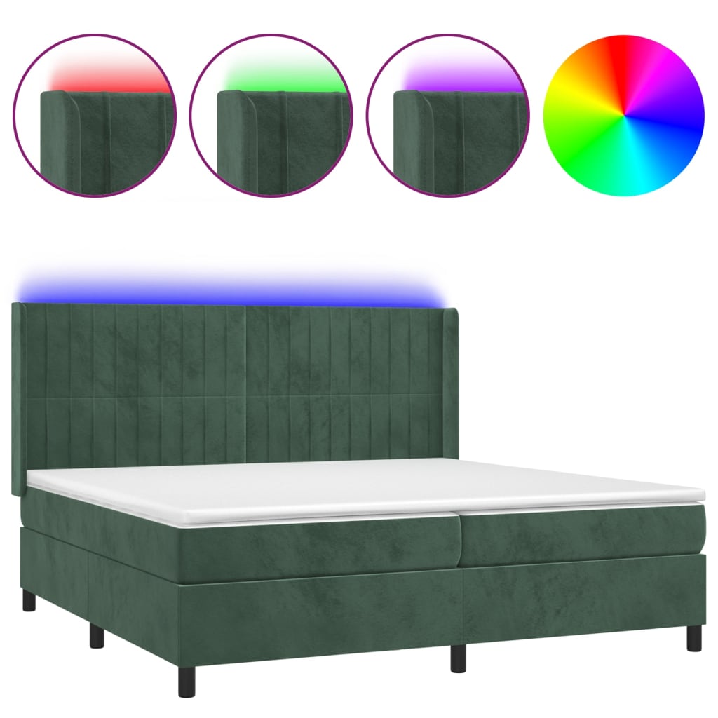 Cama box spring c/ colchão/LED 200x200 cm veludo verde-escuro