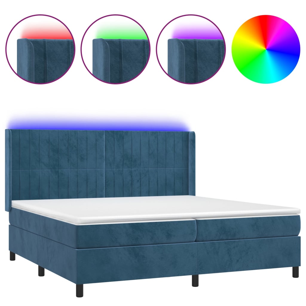 Cama box spring c/ colchão/LED 200x200 cm veludo azul-escuro