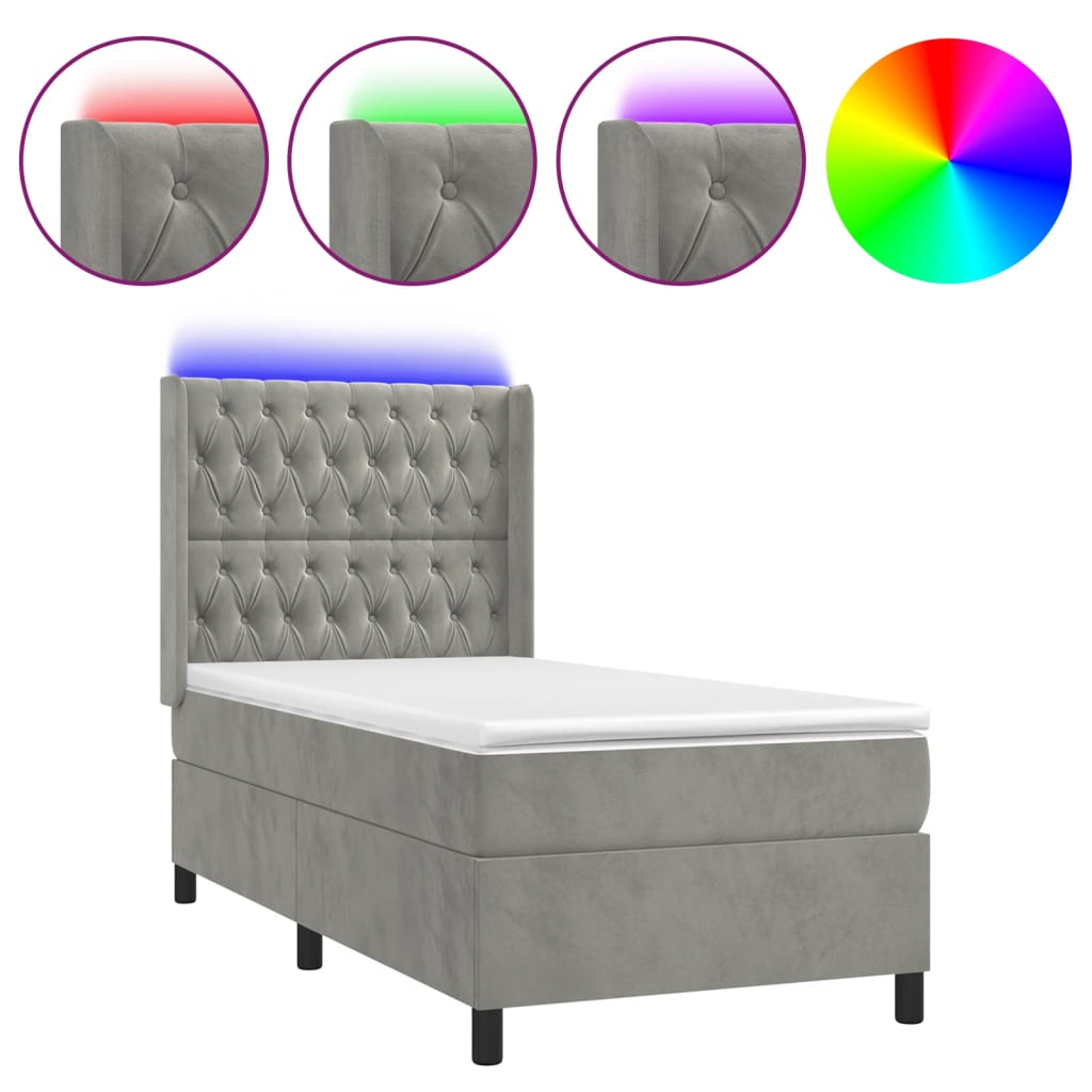 Cama box spring c/ colchão/LED 90x190 cm veludo cinzento-claro