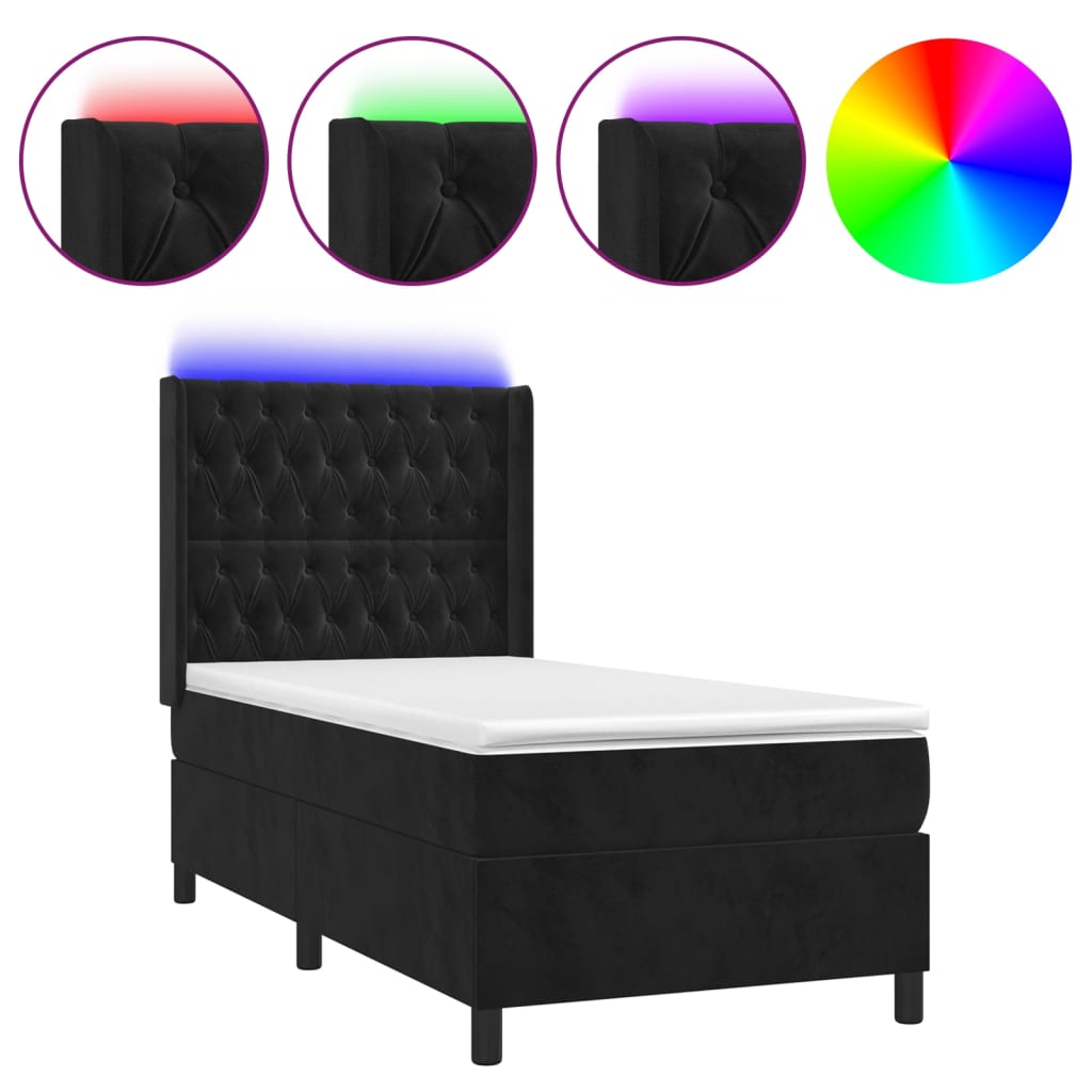 Cama box spring c/ colchão/LED 90x190 cm veludo preto