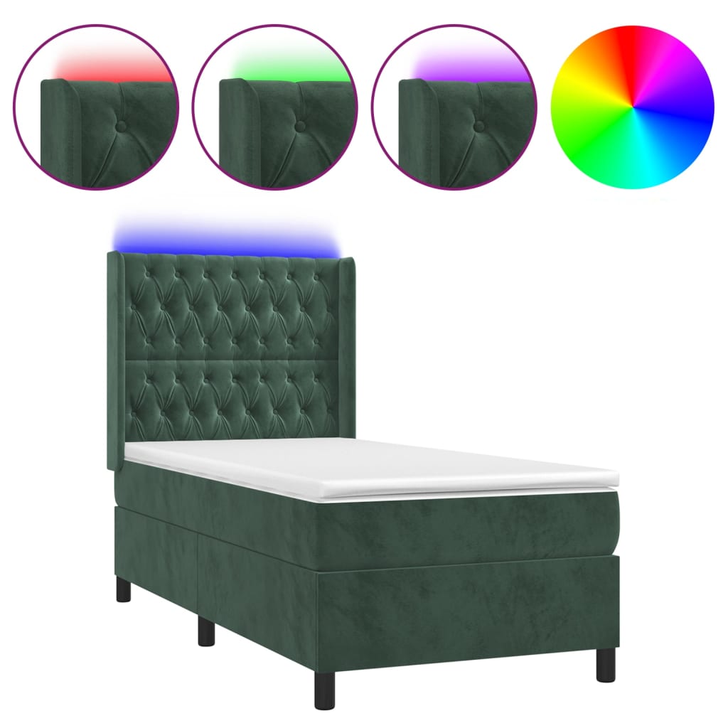 Cama box spring c/ colchão/LED 90x190 cm veludo verde-escuro