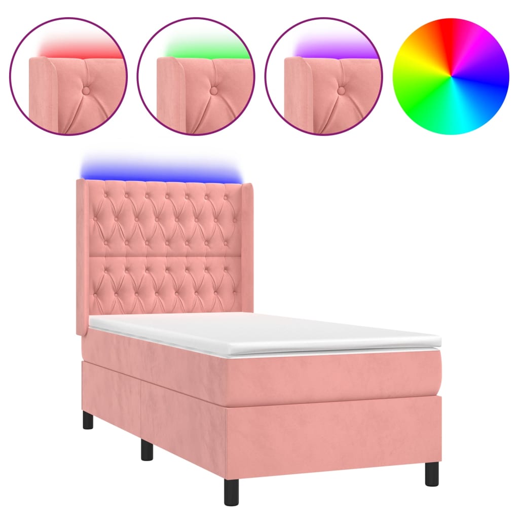 Cama box spring c/ colchão/LED 90x190 cm veludo rosa