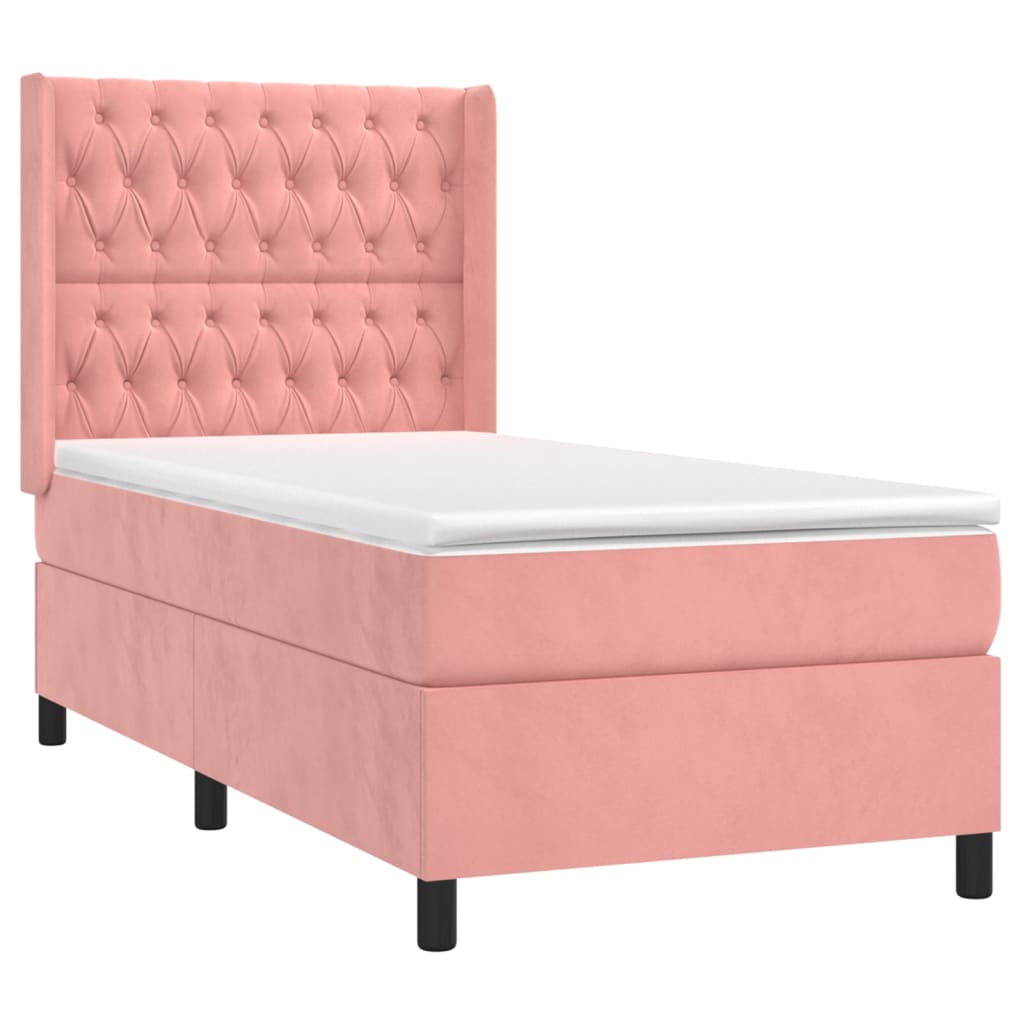 Cama box spring c/ colchão/LED 90x190 cm veludo rosa