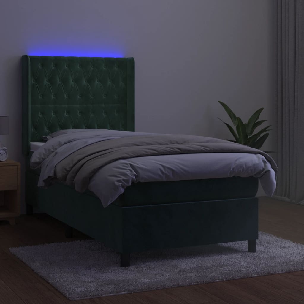 Cama box spring c/ colchão/LED 90x200 cm veludo verde-escuro