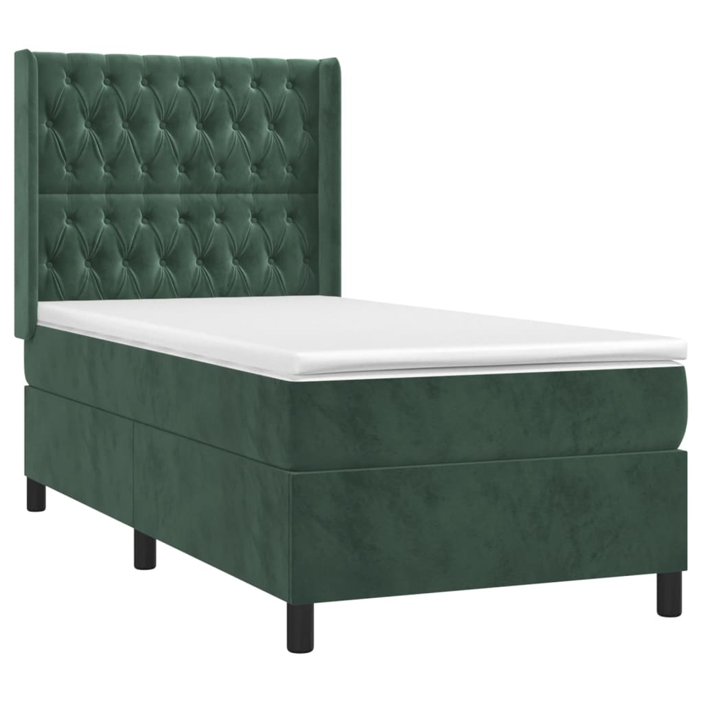 Cama box spring c/ colchão/LED 90x200 cm veludo verde-escuro