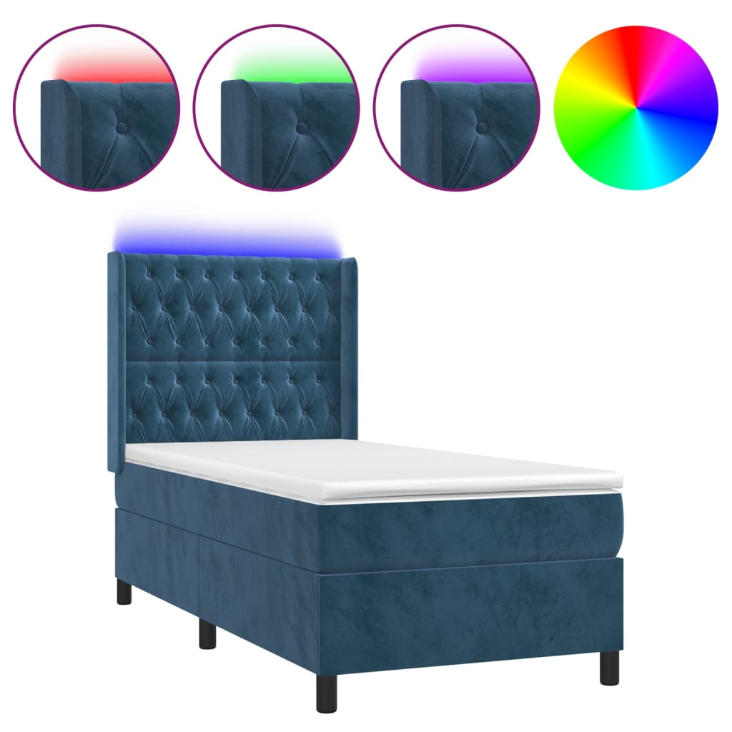 Cama box spring c/ colchão/LED 100x200 cm veludo azul-escuro