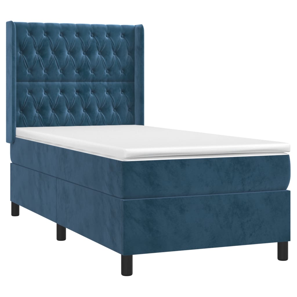 Cama box spring c/ colchão/LED 100x200 cm veludo azul-escuro