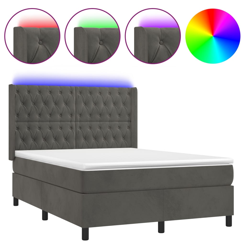 Cama box spring c/ colchão/LED 140x190cm veludo cinzento-escuro