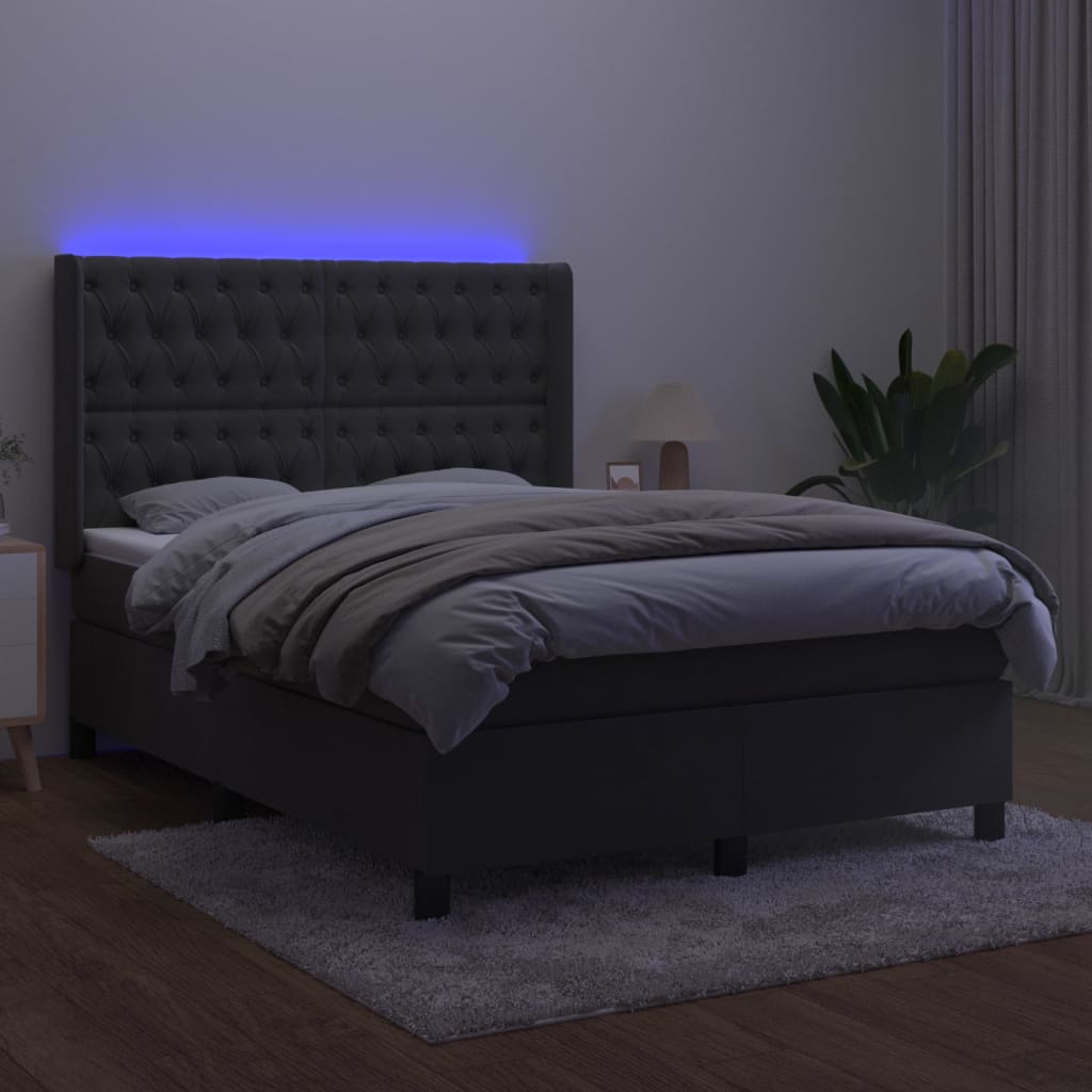 Cama box spring c/ colchão/LED 140x190cm veludo cinzento-escuro