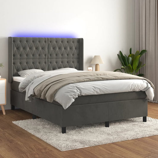 Cama box spring c/ colchão/LED 140x190cm veludo cinzento-escuro