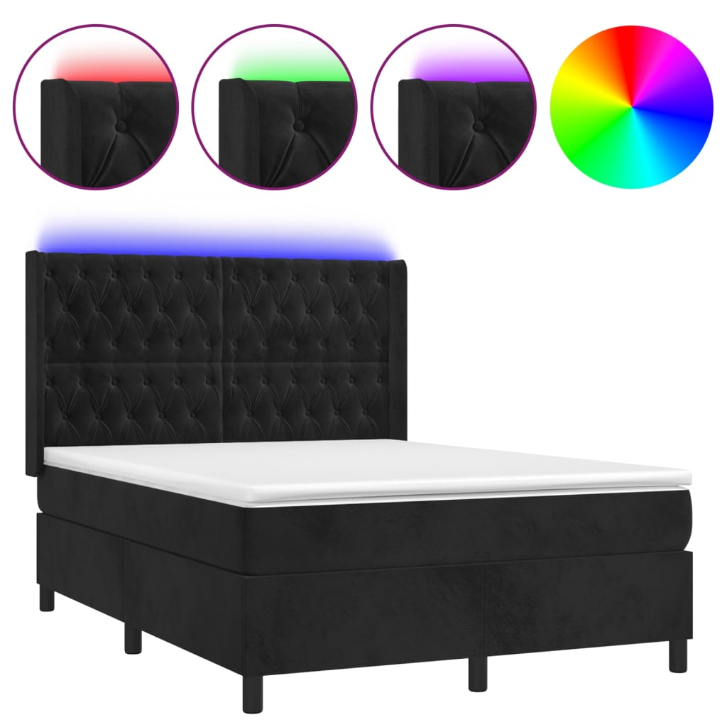 Cama box spring c/ colchão/LED 140x190 cm veludo preto