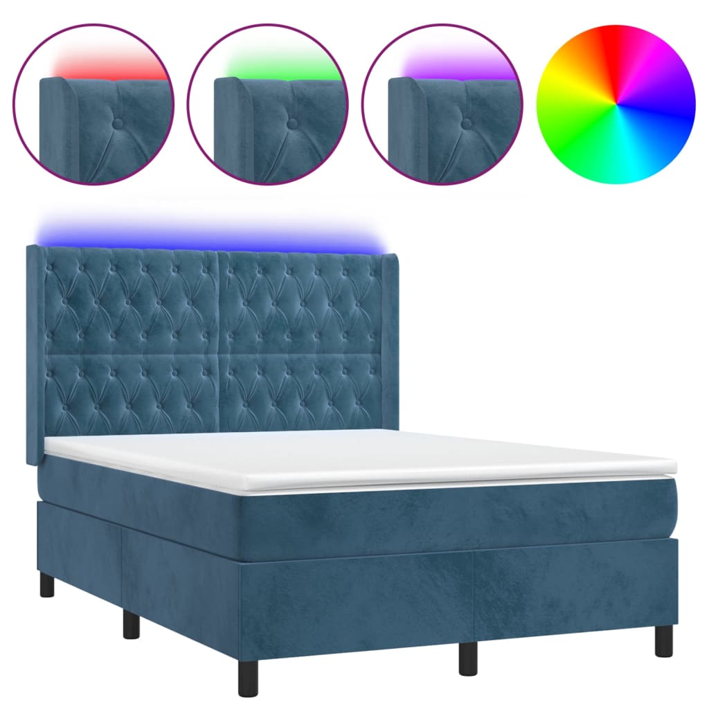 Cama box spring c/ colchão/LED 140x190 cm veludo azul-escuro