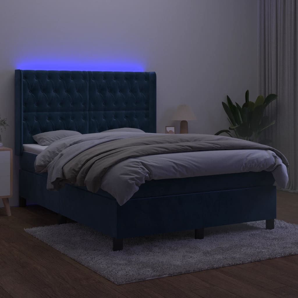 Cama box spring c/ colchão/LED 140x200 cm veludo azul-escuro