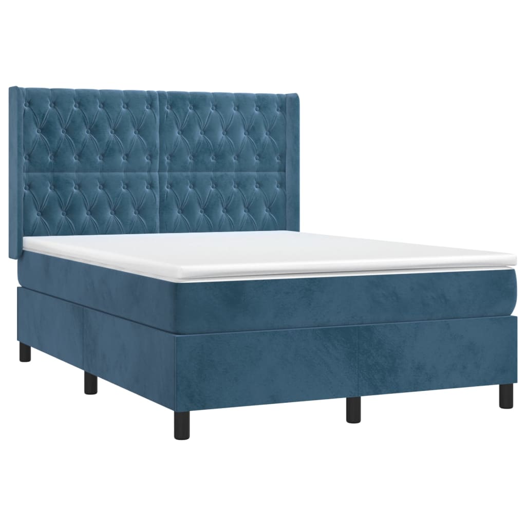 Cama box spring c/ colchão/LED 140x200 cm veludo azul-escuro