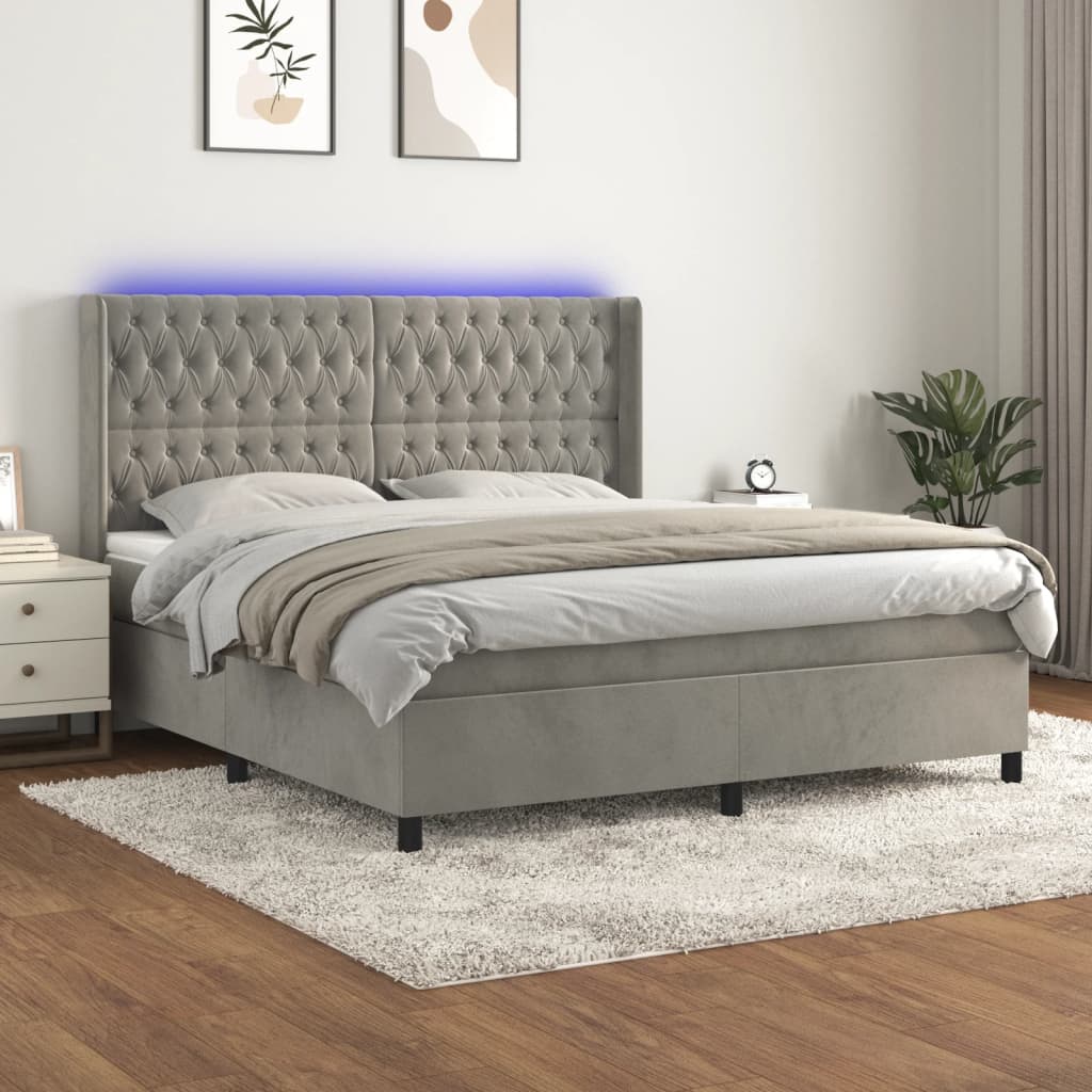 Cama box spring c/ colchão/LED 160x200 cm veludo cinzento-claro