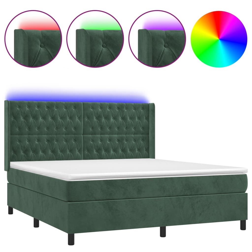 Cama box spring c/ colchão/LED 160x200 cm veludo verde-escuro