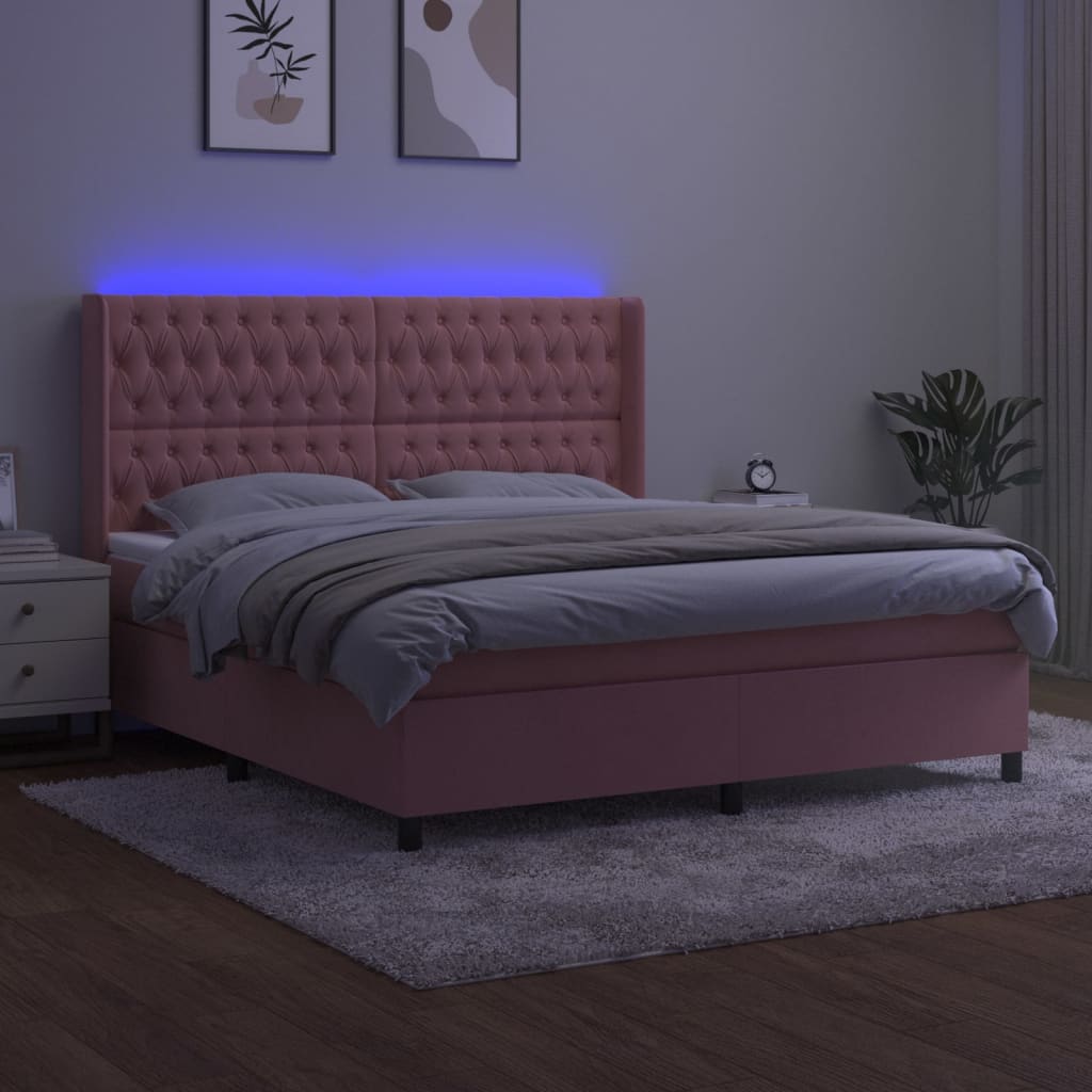 Cama box spring c/ colchão/LED 160x200 cm veludo rosa