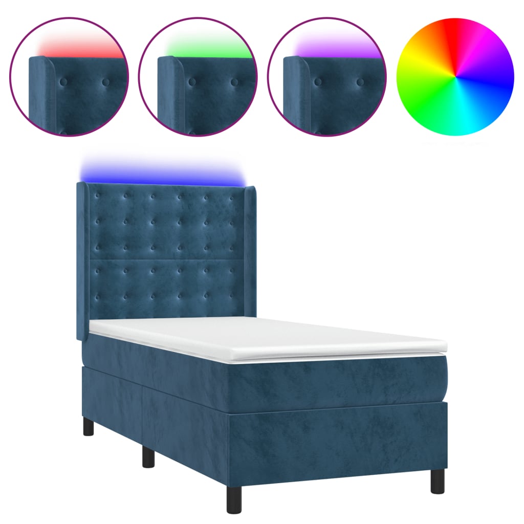 Cama box spring c/ colchão/LED 80x200 cm veludo azul-escuro