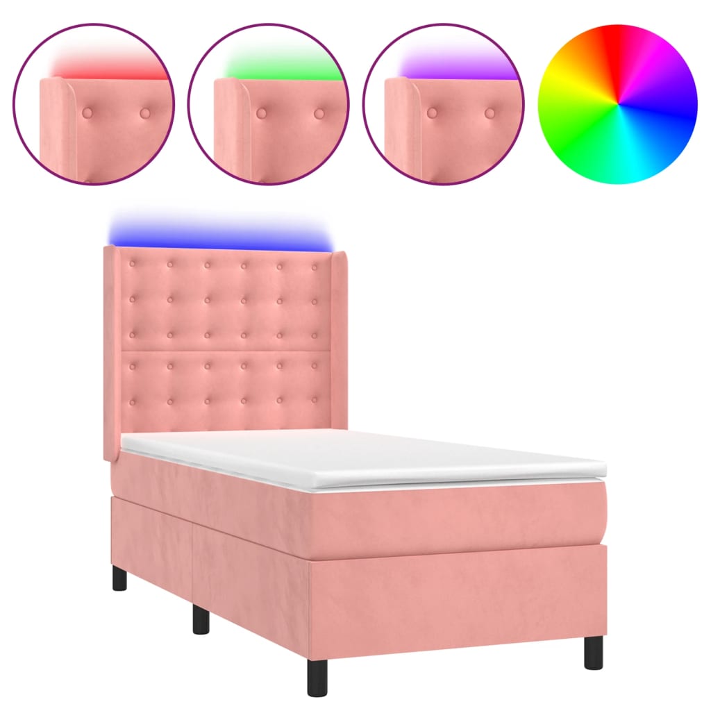 Cama box spring c/ colchão/LED 80x200 cm veludo rosa