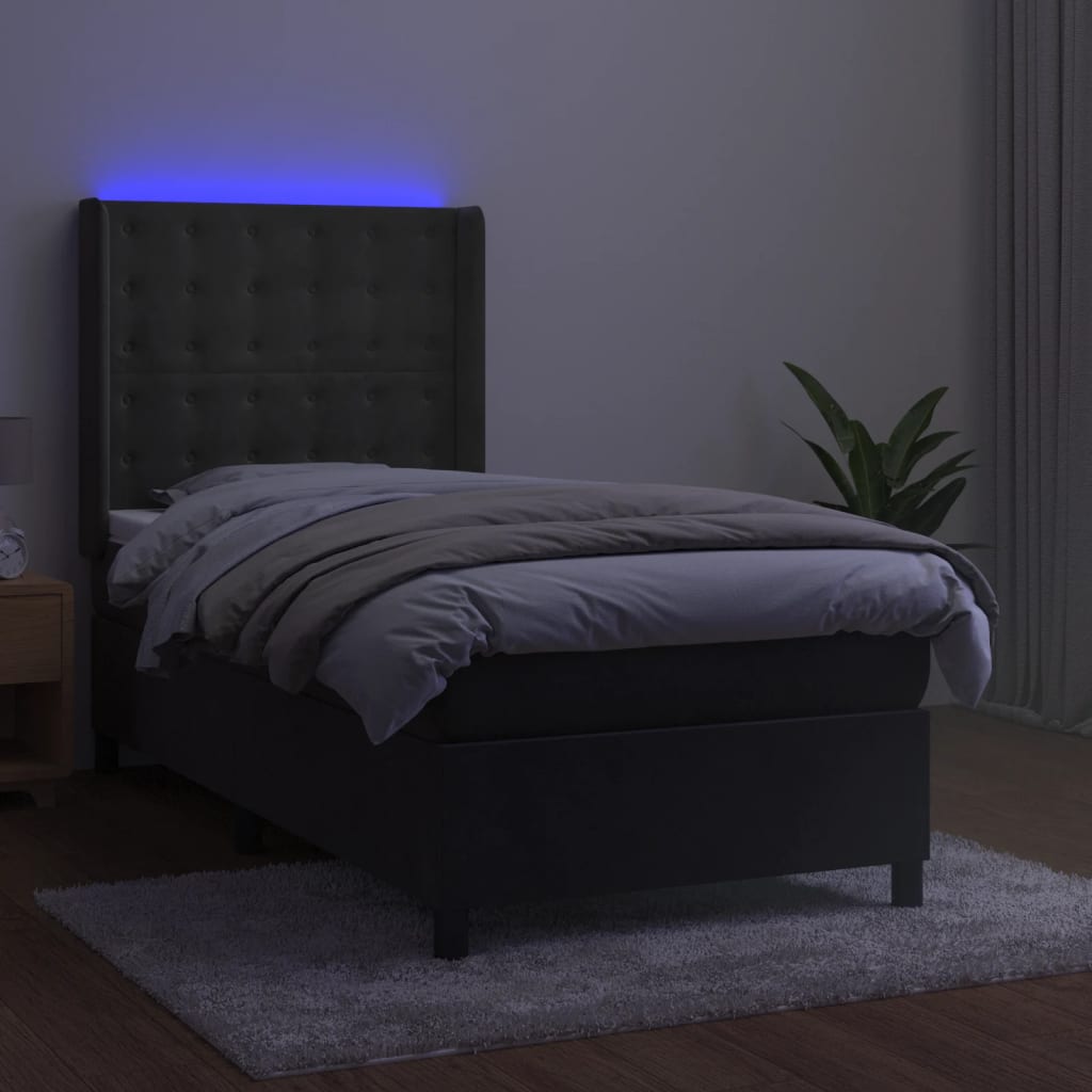 Cama box spring c/ colchão/LED 90x190 cm veludo cinzento-escuro