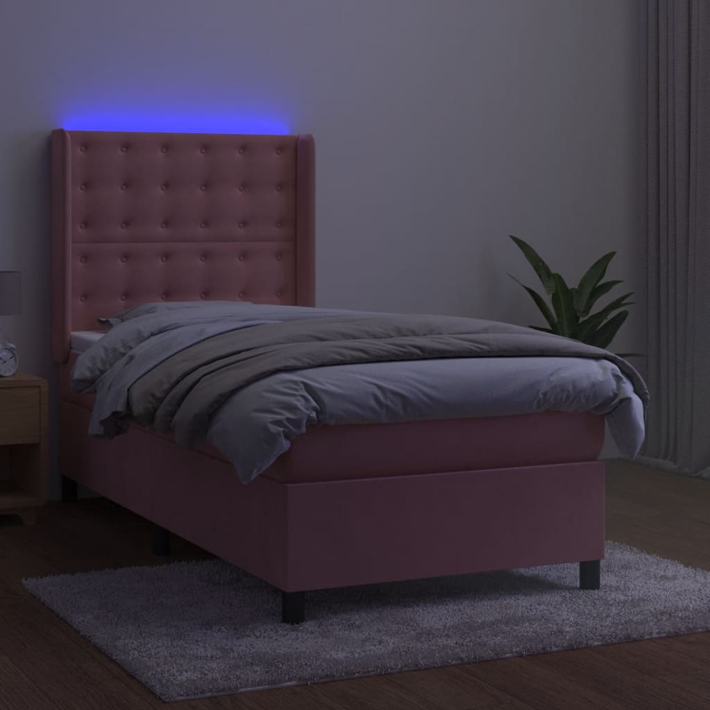 Cama box spring c/ colchão/LED 90x190 cm veludo rosa