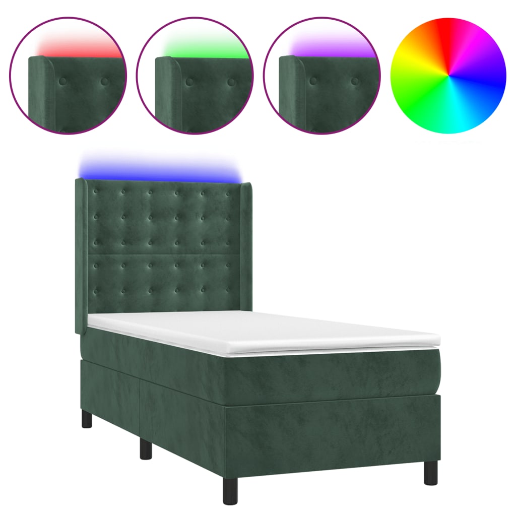 Cama box spring c/ colchão/LED 100x200 cm veludo verde-escuro