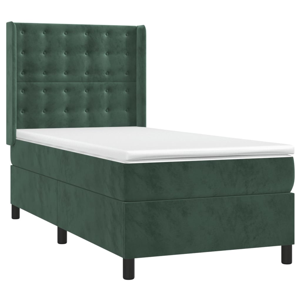 Cama box spring c/ colchão/LED 100x200 cm veludo verde-escuro