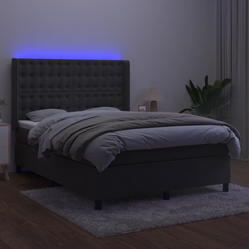 Cama box spring c/ colchão/LED 140x190cm veludo cinzento-escuro