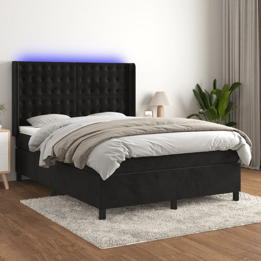 Cama box spring c/ colchão/LED 140x190 cm veludo preto