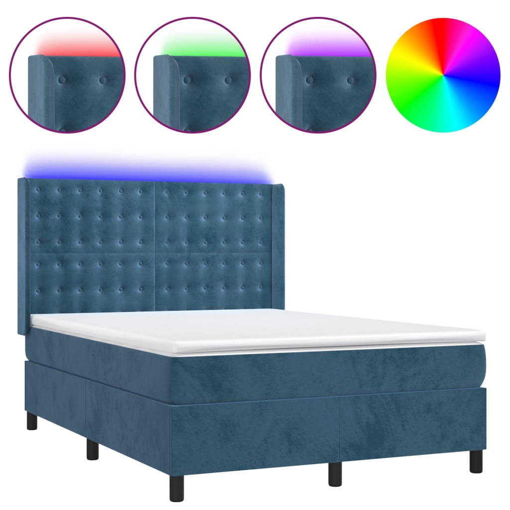 Cama box spring c/ colchão/LED 140x190 cm veludo azul-escuro