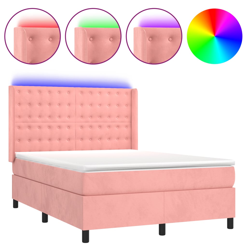 Cama box spring c/ colchão/LED 140x190 cm veludo rosa