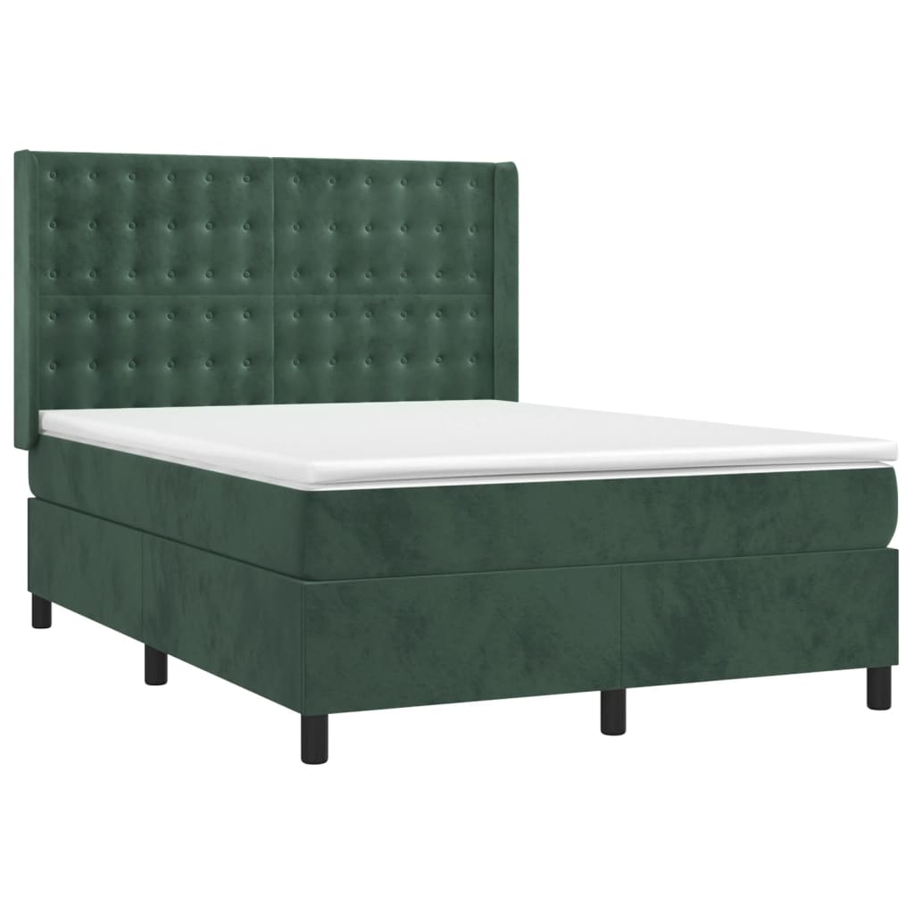 Cama box spring c/ colchão/LED 140x200 cm veludo verde-escuro