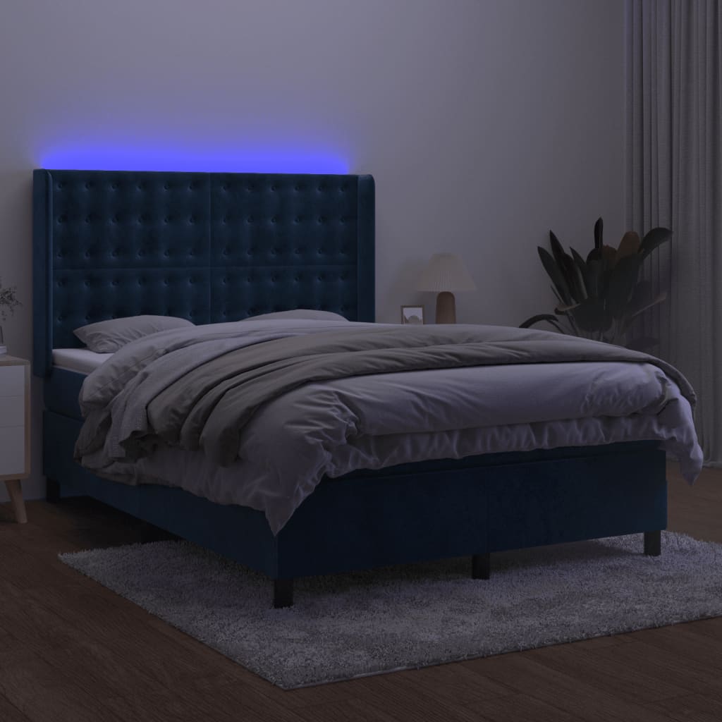 Cama box spring c/ colchão/LED 140x200 cm veludo azul-escuro