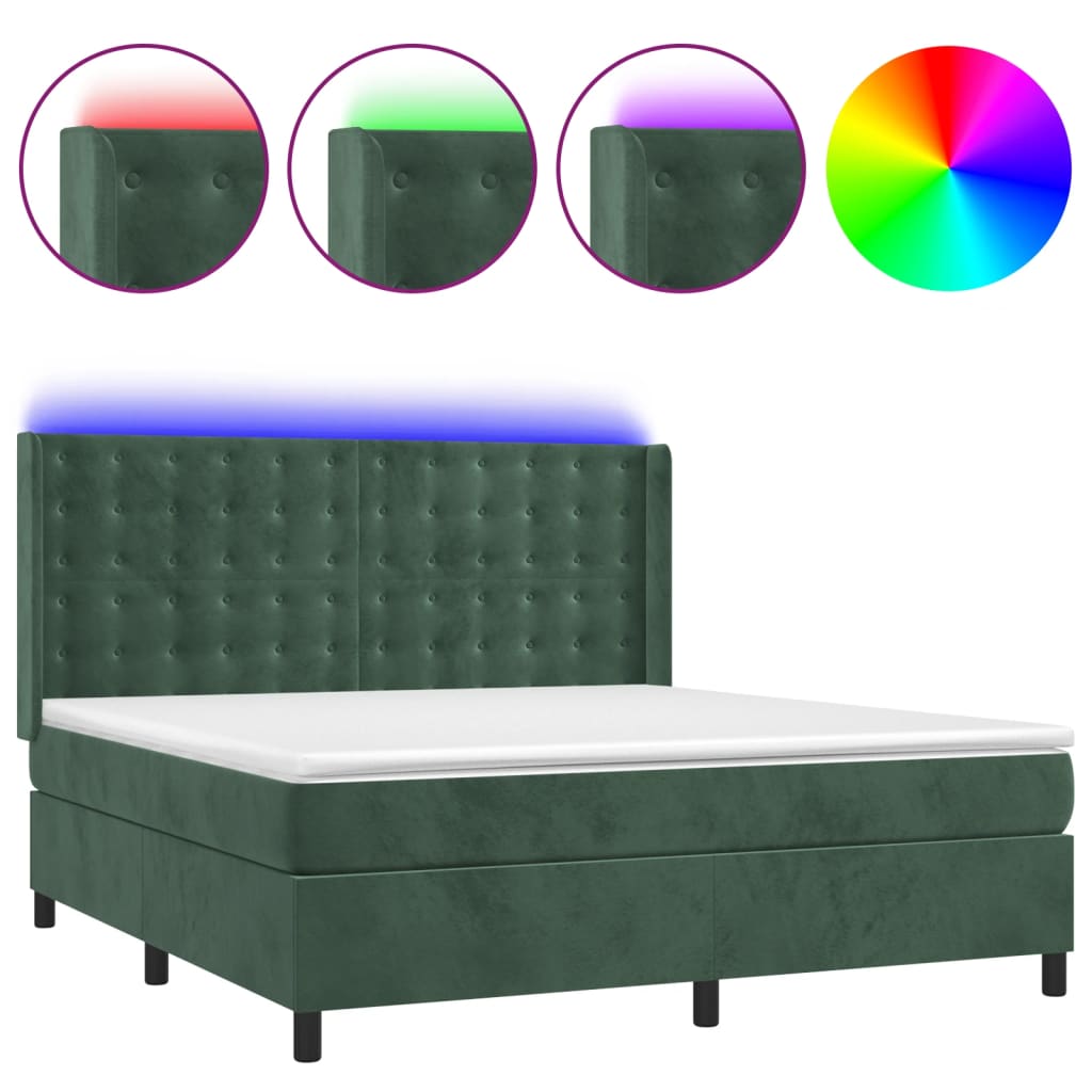 Cama box spring c/ colchão/LED 160x200 cm veludo verde-escuro