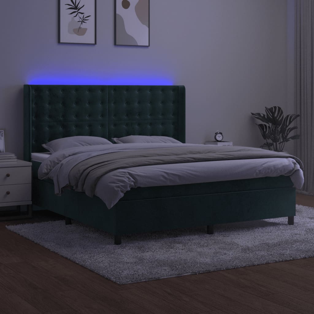 Cama box spring c/ colchão/LED 160x200 cm veludo verde-escuro