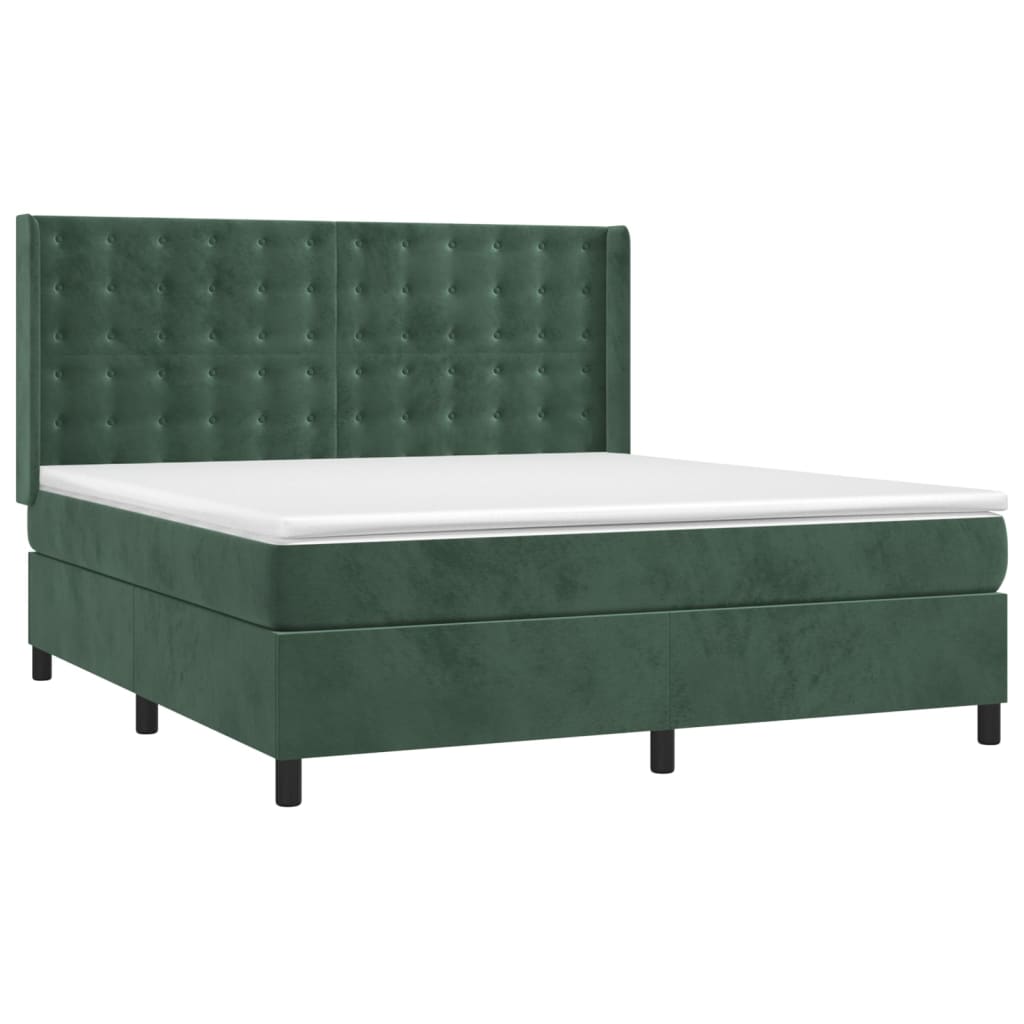 Cama box spring c/ colchão/LED 160x200 cm veludo verde-escuro