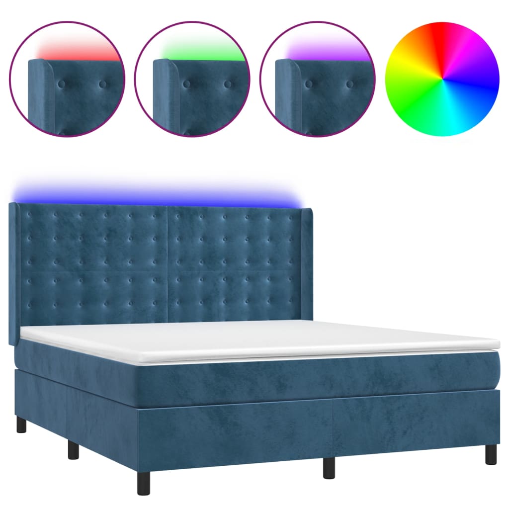 Cama box spring c/ colchão/LED 160x200 cm veludo azul-escuro