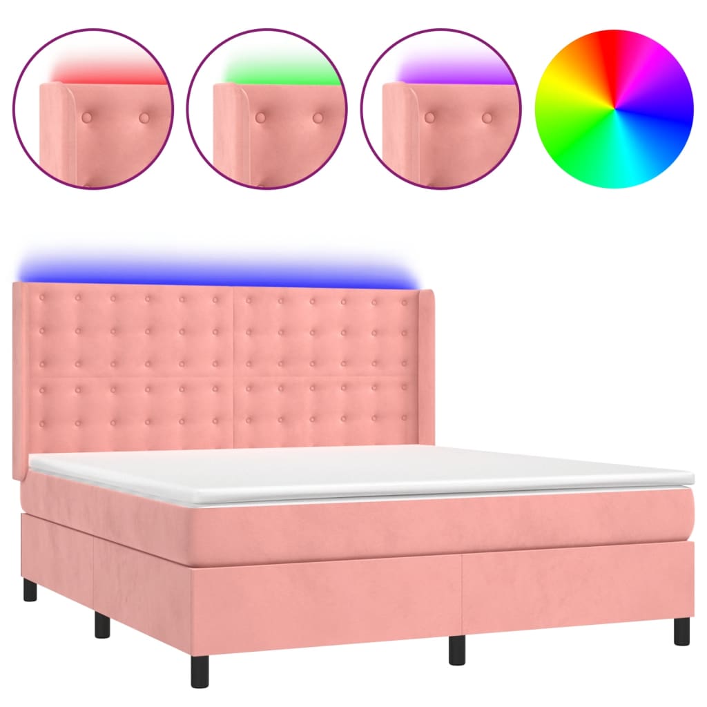 Cama box spring c/ colchão/LED 160x200 cm veludo rosa