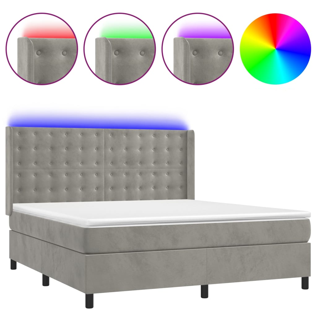 Cama box spring c/ colchão/LED 180x200 cm veludo cinzento-claro