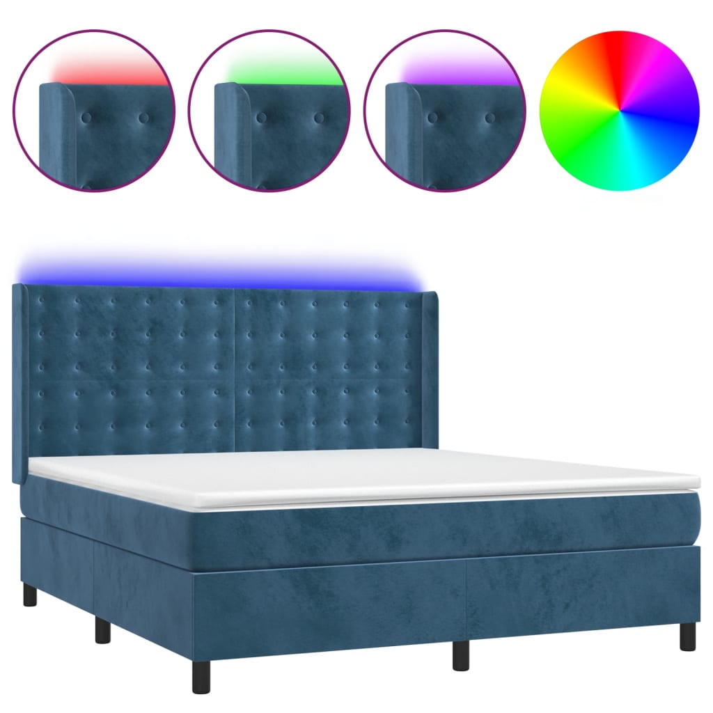 Cama box spring c/ colchão/LED 180x200 cm veludo azul-escuro