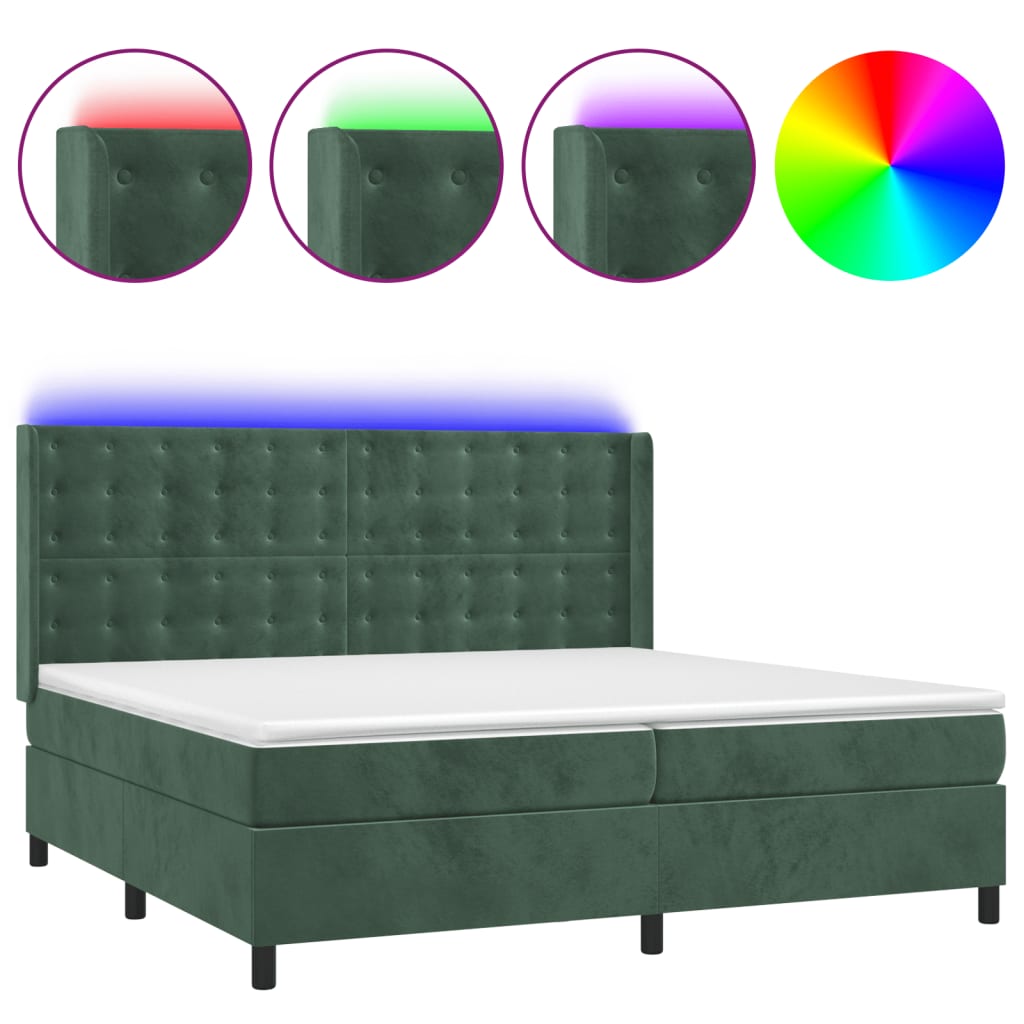 Cama box spring c/ colchão/LED 200x200 cm veludo verde-escuro