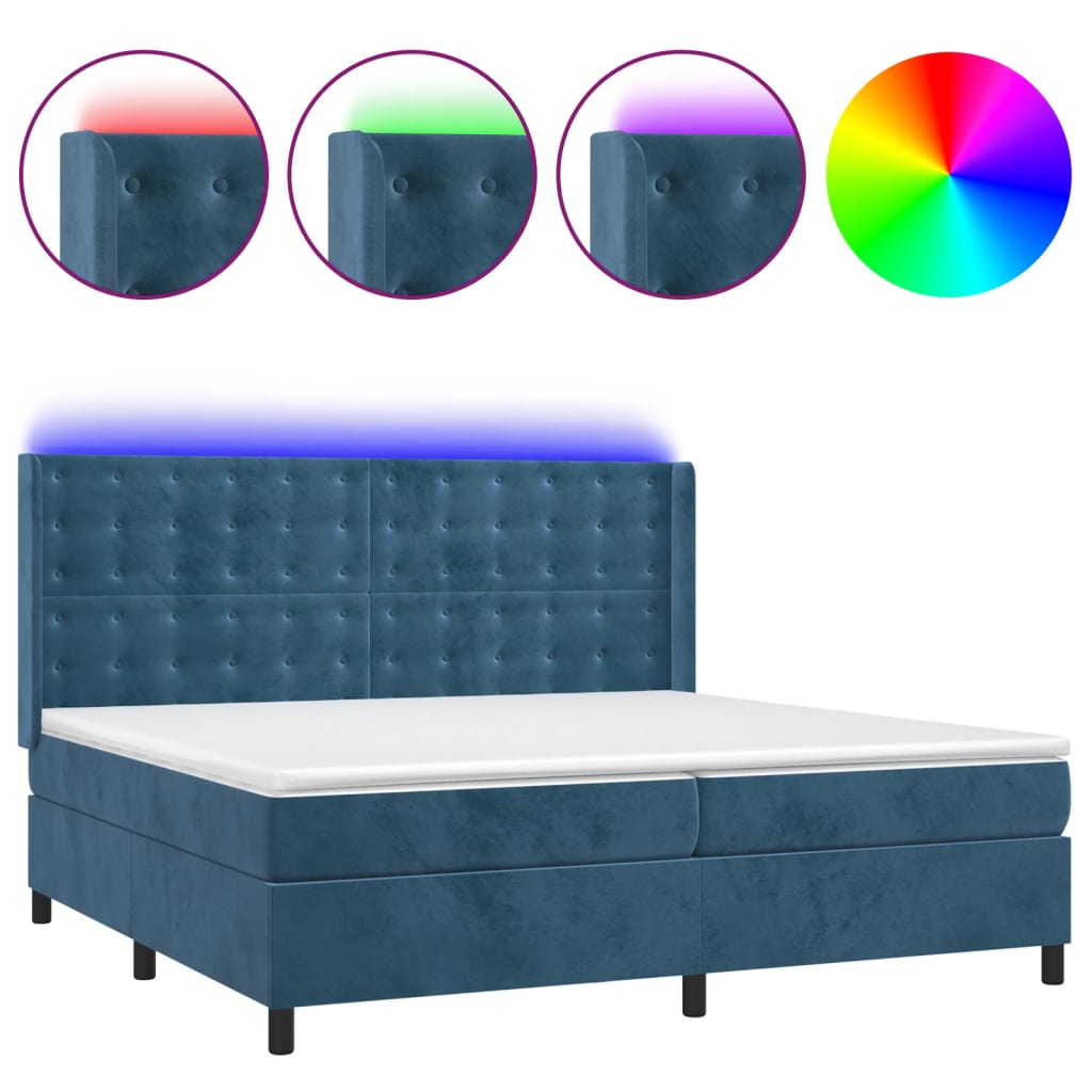 Cama box spring c/ colchão/LED 200x200 cm veludo azul-escuro