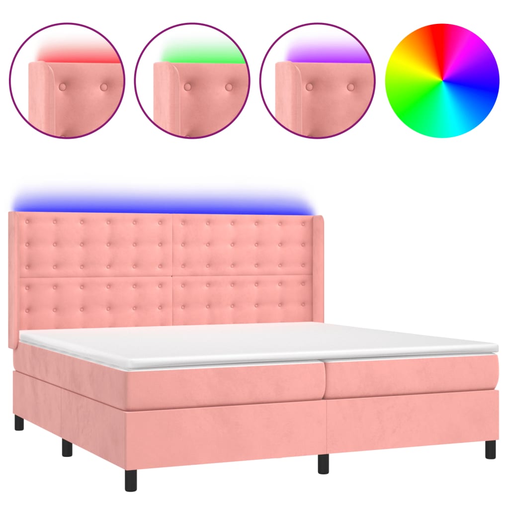 Cama box spring c/ colchão/LED 200x200 cm veludo rosa