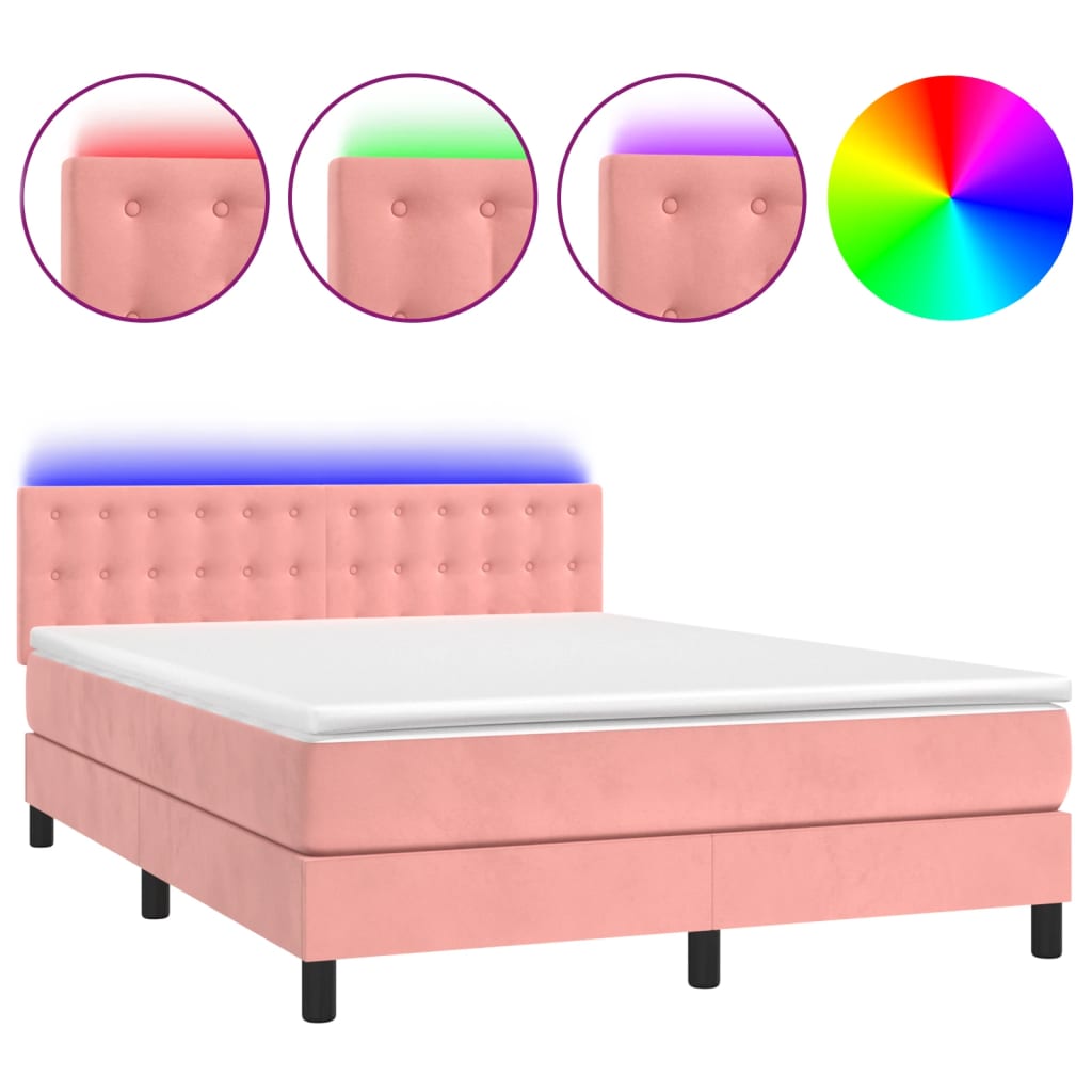 Cama box spring c/ colchão/LED 140x190 cm veludo rosa