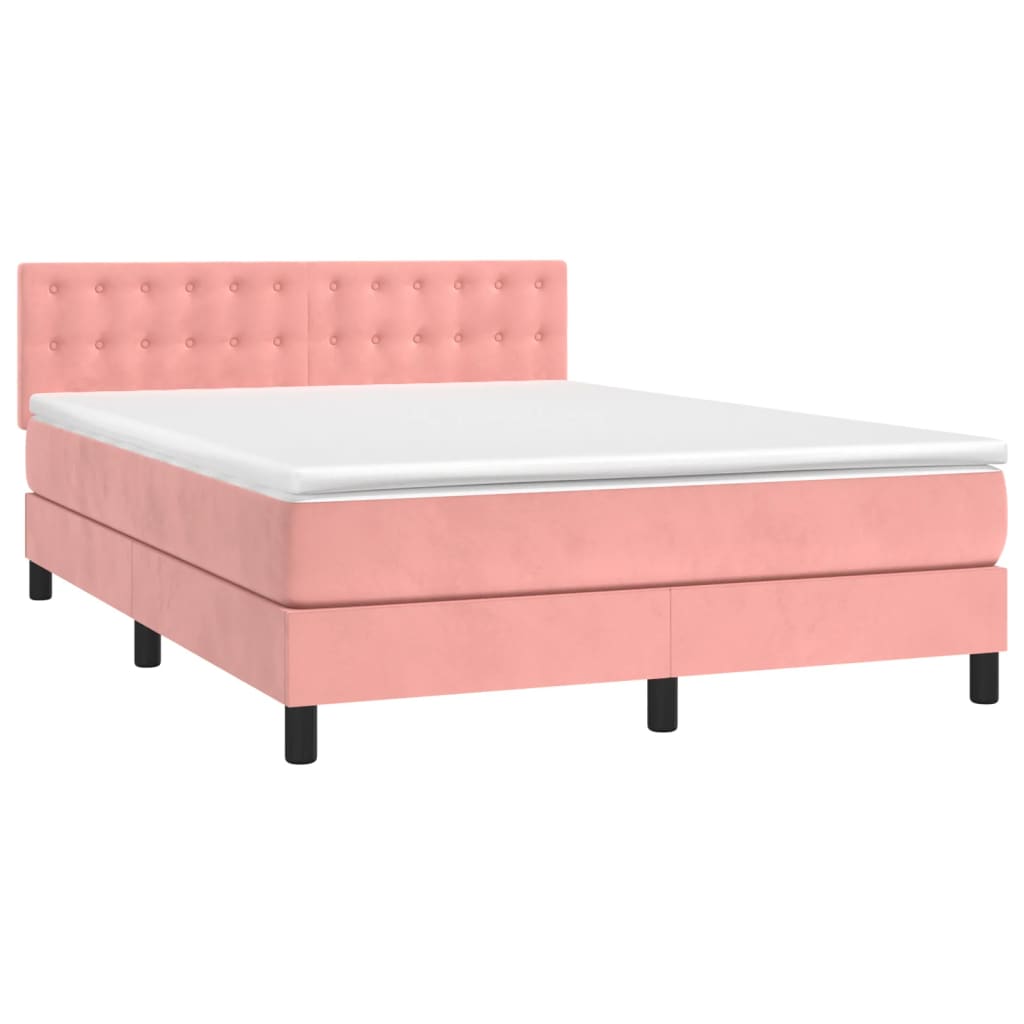 Cama box spring c/ colchão/LED 140x190 cm veludo rosa