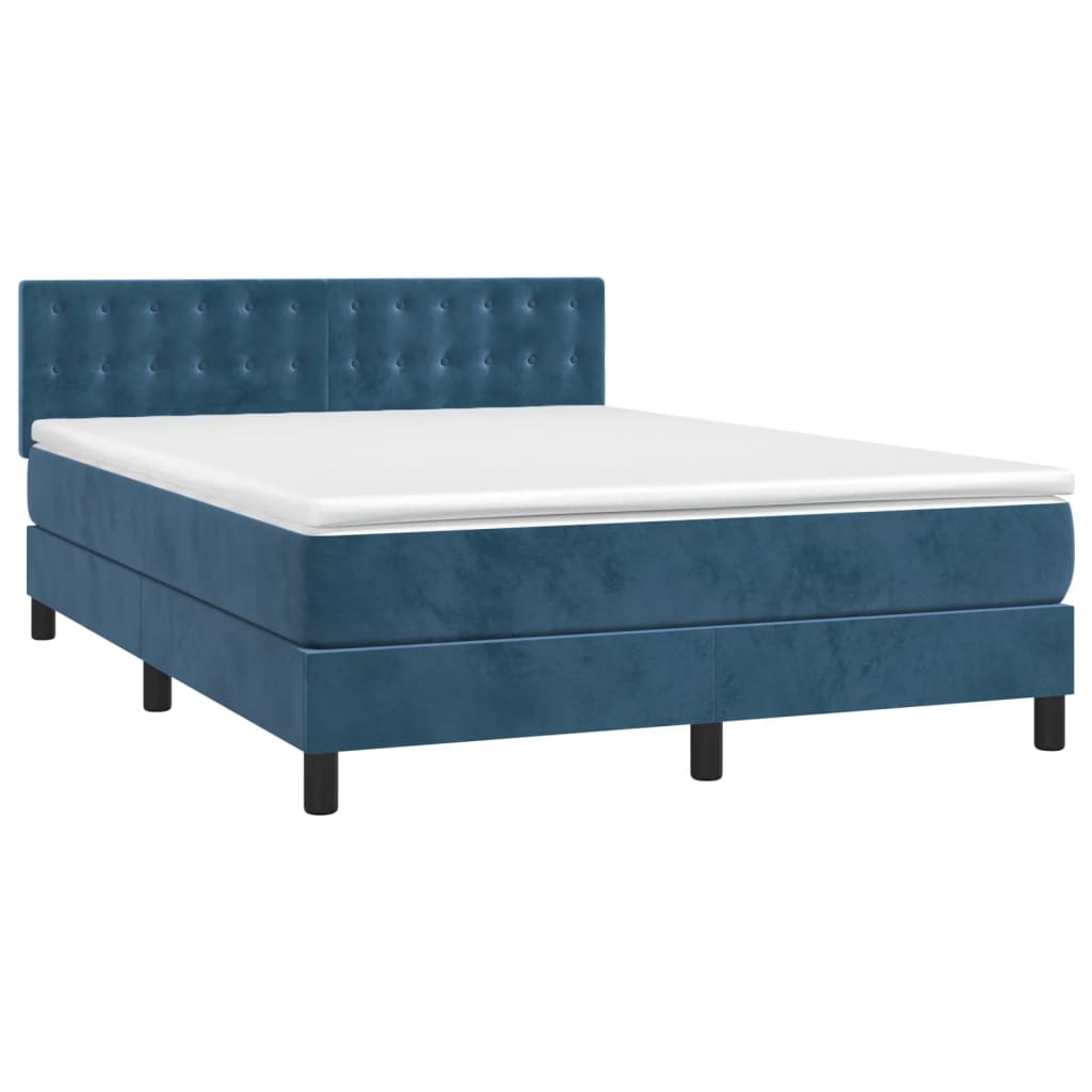 Cama box spring c/ colchão/LED 140x200 cm veludo azul-escuro