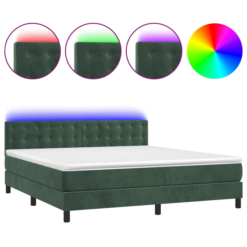 Cama box spring c/ colchão/LED 160x200 cm veludo verde-escuro